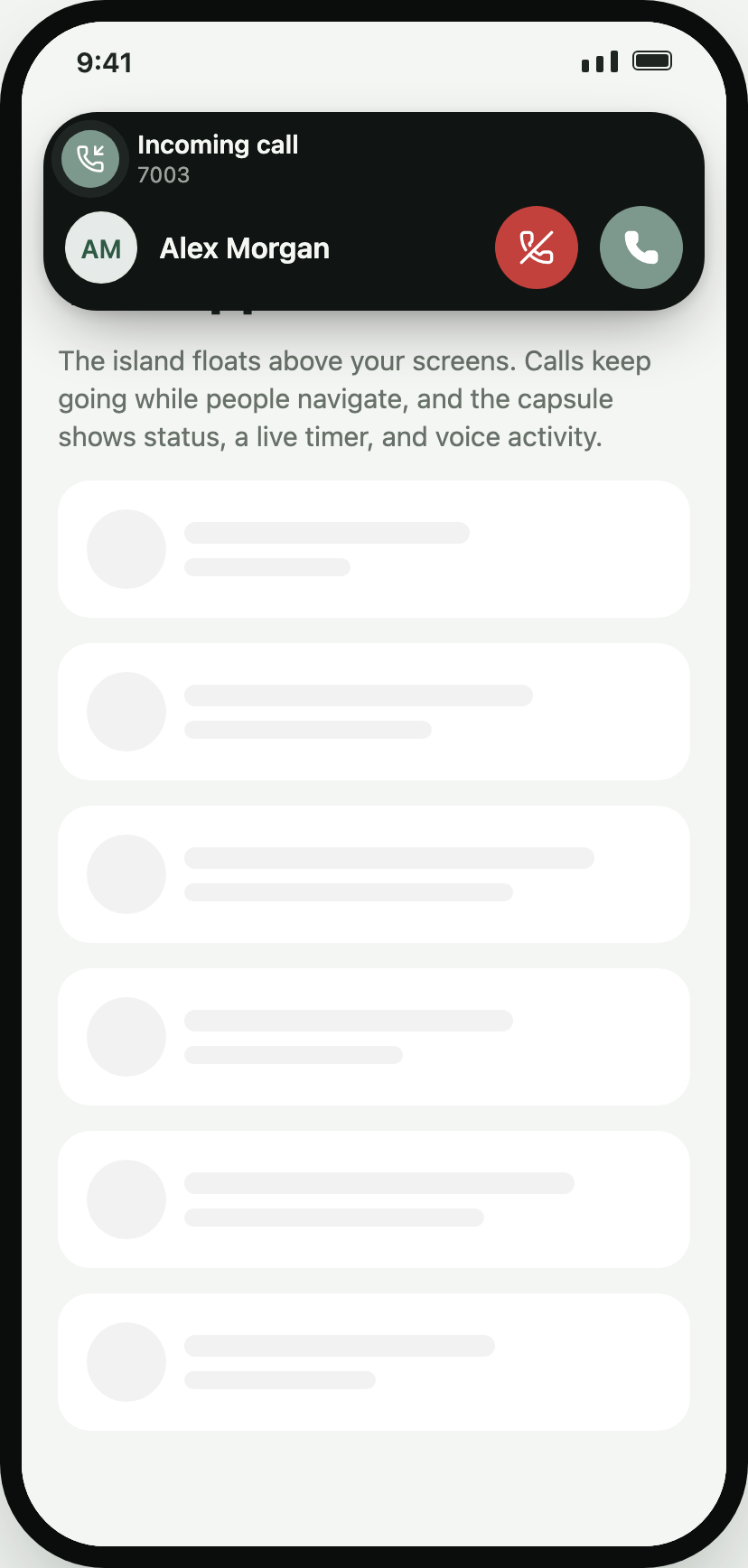 Dynamic island showing a heads-up incoming call banner