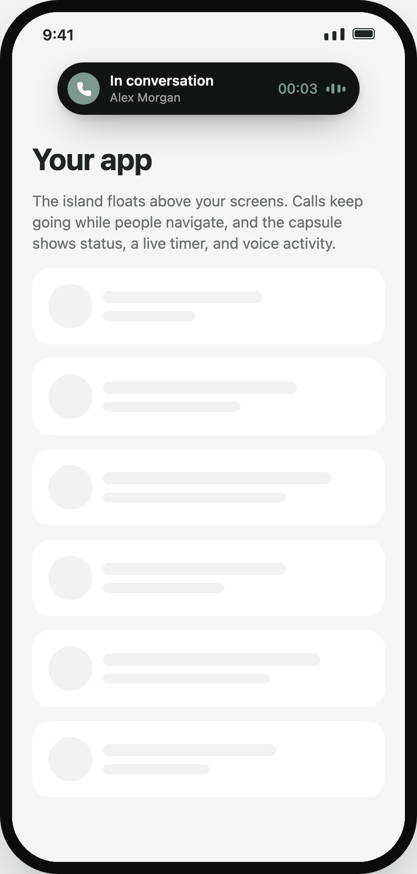 Collapsed island during a call with timer and voice bars