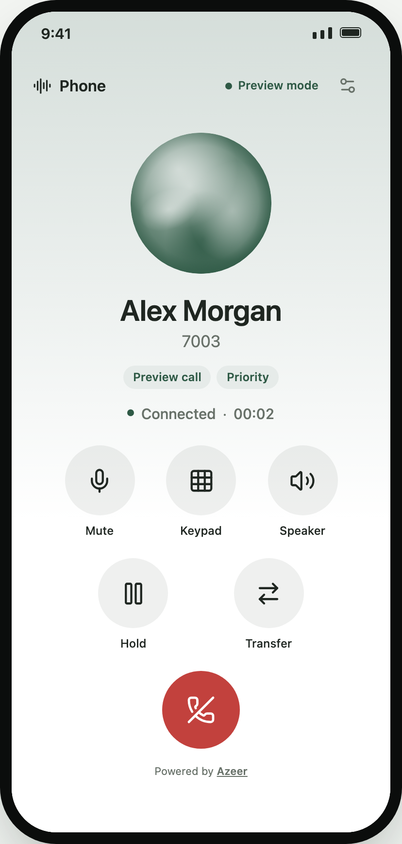 Full-screen call with a live orb, a grid of round controls, and a red end button