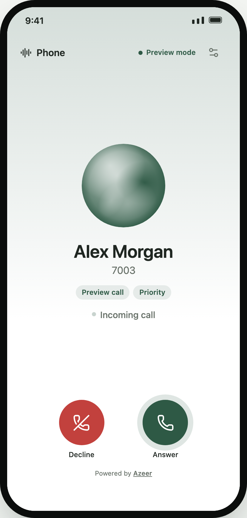 Full-screen incoming call with Decline and Answer