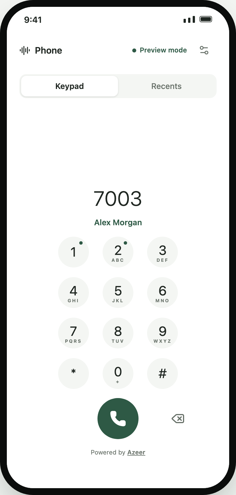 iOS-style keypad with large round keys and a green call button