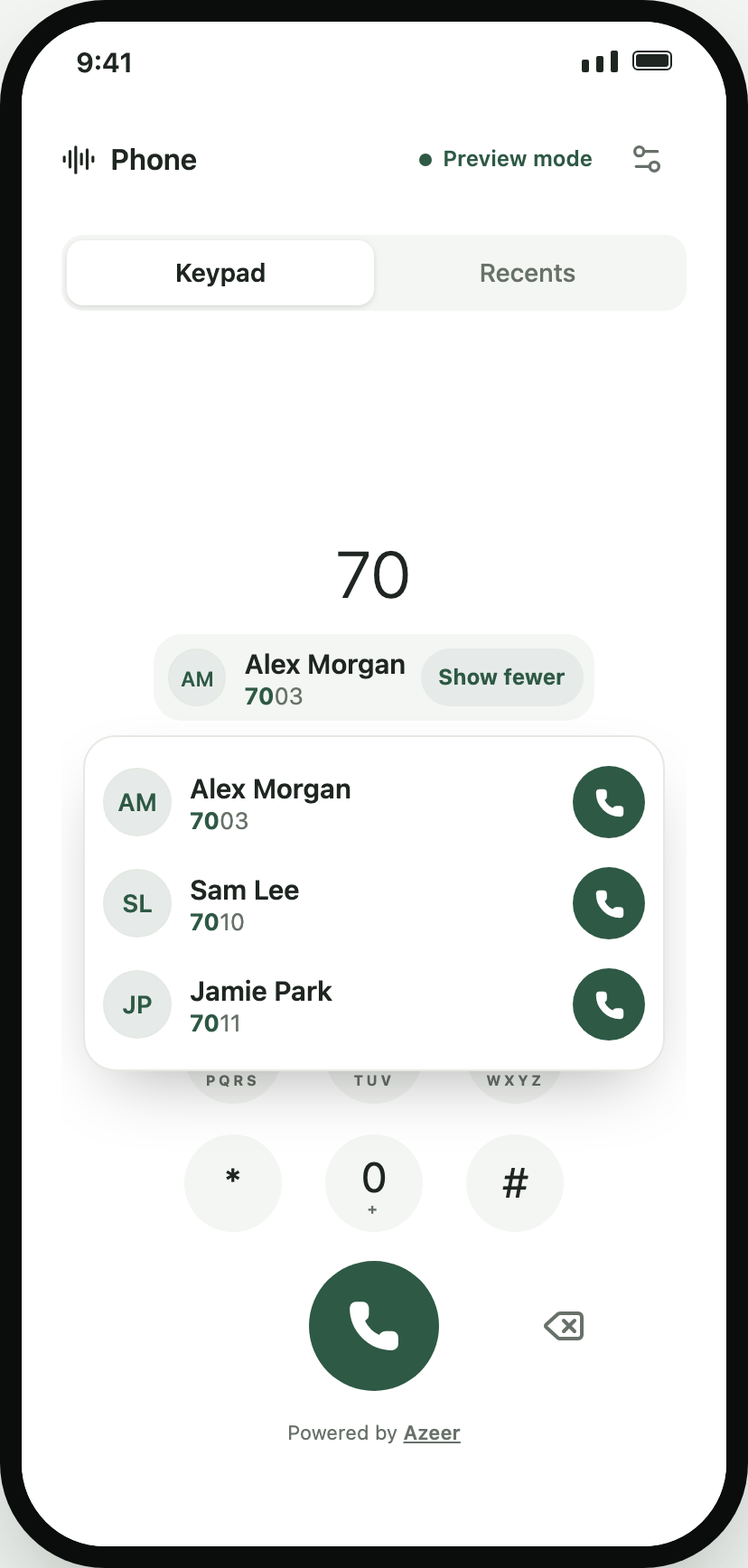 Expanded suggestion list with three contacts and call buttons