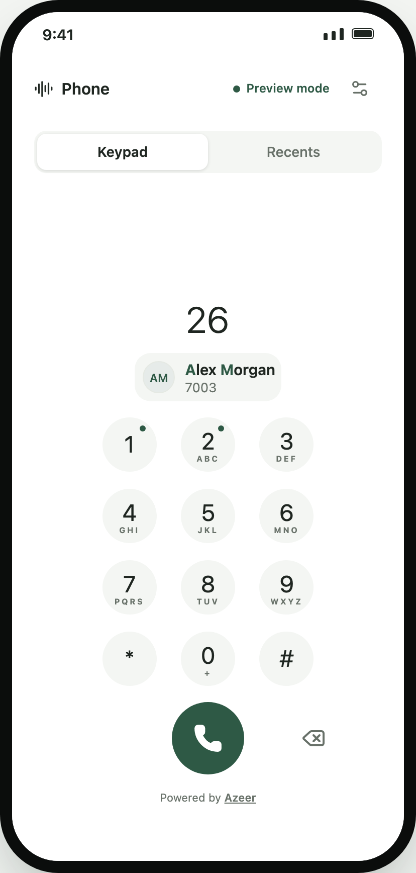 Keypad with 26 typed and a suggestion pill for Alex Morgan