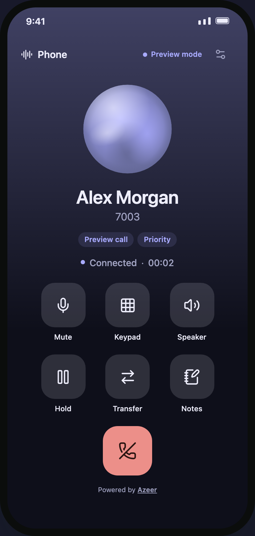 Midnight preset, dark, with rounded controls and a custom Notes button