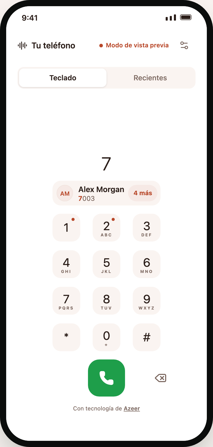 Sunset preset with rounded keys, a green call button, and Spanish labels