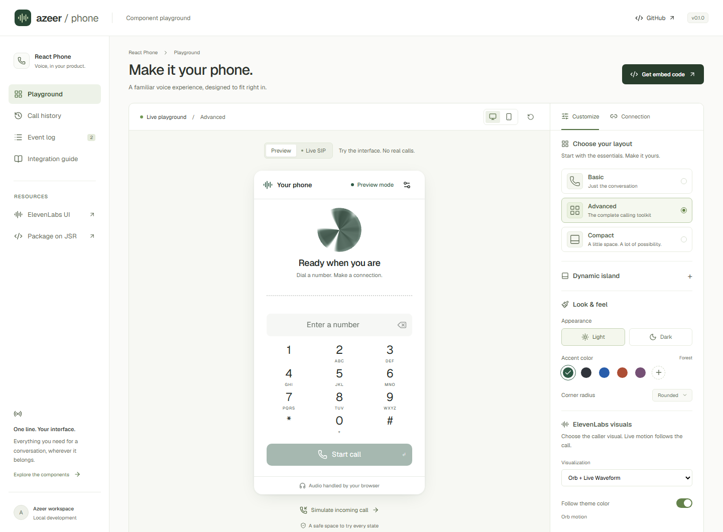The working React playground, with phone presets and configuration controls