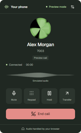 Dark call widget with the ElevenLabs Orb and live waveform